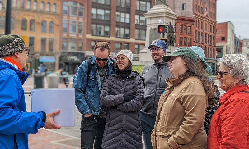Portland by the Foot Tour Group in Monument Square Maine. Photo Credit: Dela Murphy Portland by the Foot Tour Group in Monument Square Maine. Photo Credit: Dela Murphy