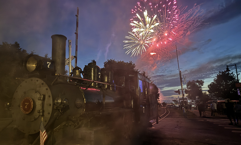 Maine Narrow Gauge Train with fireworks; Photo Credit: Maine Narrow Gauge